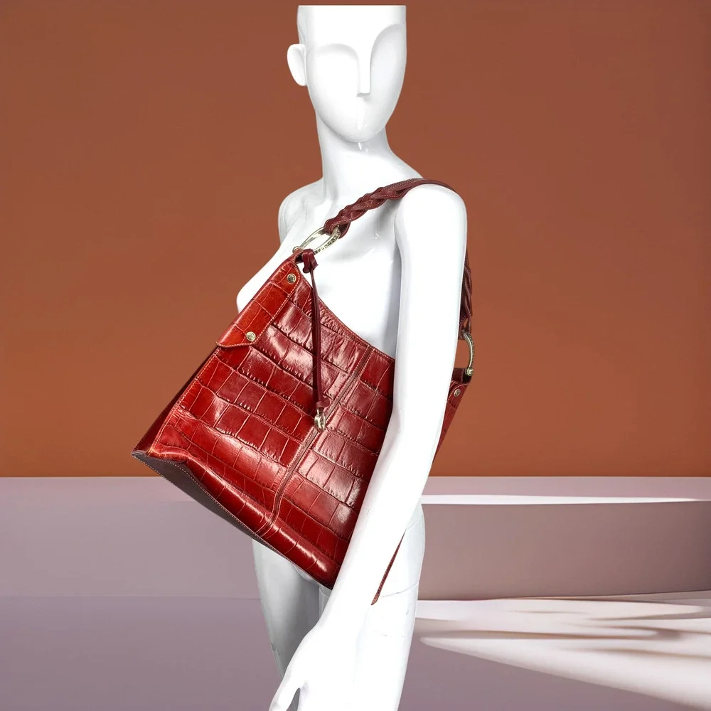 Brighton Muse Red Croc Embossed Patent Leather Shoulder Bag Heart Charm Braided